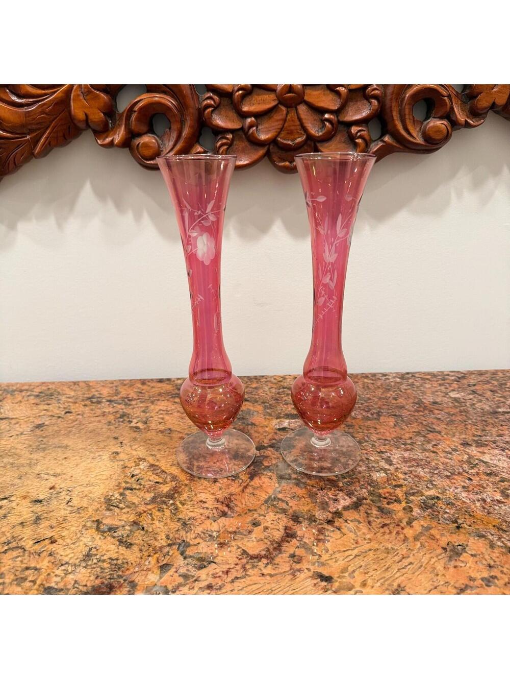 2 Vintage Cranberry Ruby Flash Glass Flower Vase Stemmed Etched Floral